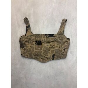 et eles Newspaper Print Corset Crop Top Square Neck Women's Size L